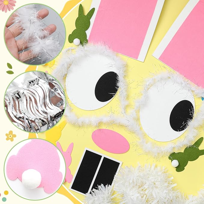 Moucuny 12 Pcs Easter Bunny Golf Cart Decoration Kit 1 Set Giant Felt Rabbit Model 3 Silver Thread Felt Strip 2 Curved Rain Curtain 2 White Felts Strip 2 Easter Bunny Banners for Golf Cart Accessories