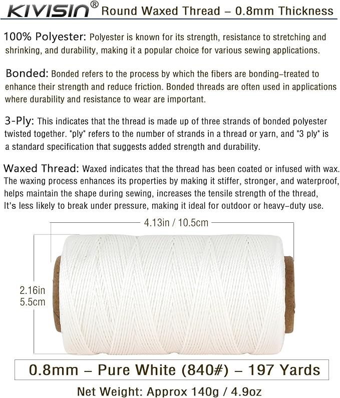 Bonded 0.8mm Round Waxed Polyester Cord, 3-ply Wax Coated Thread, 197 Yards - Image 2