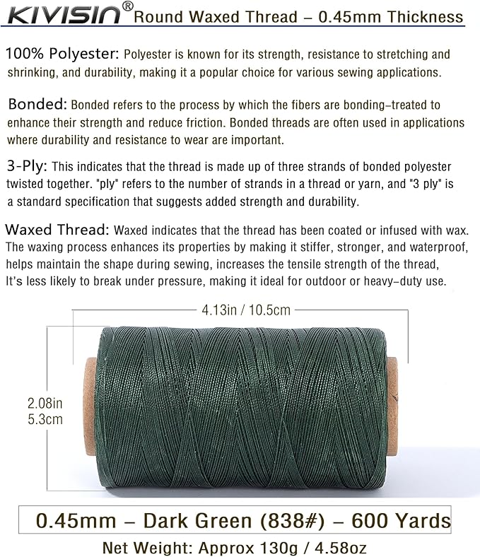 Thin Round Waxed Thread 0.45mm, 600 Yards, Dark Green, Light Duty Polyester Wax - Image 2