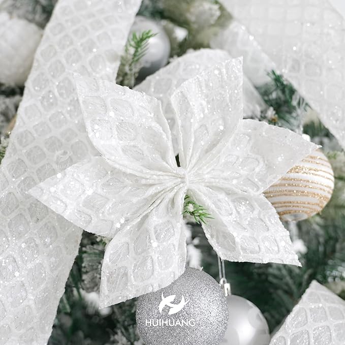 HUIHUANG White Glitter Wired Ribbon, 4 Inch x 30 Ft, Geometric Pattern - Image 7