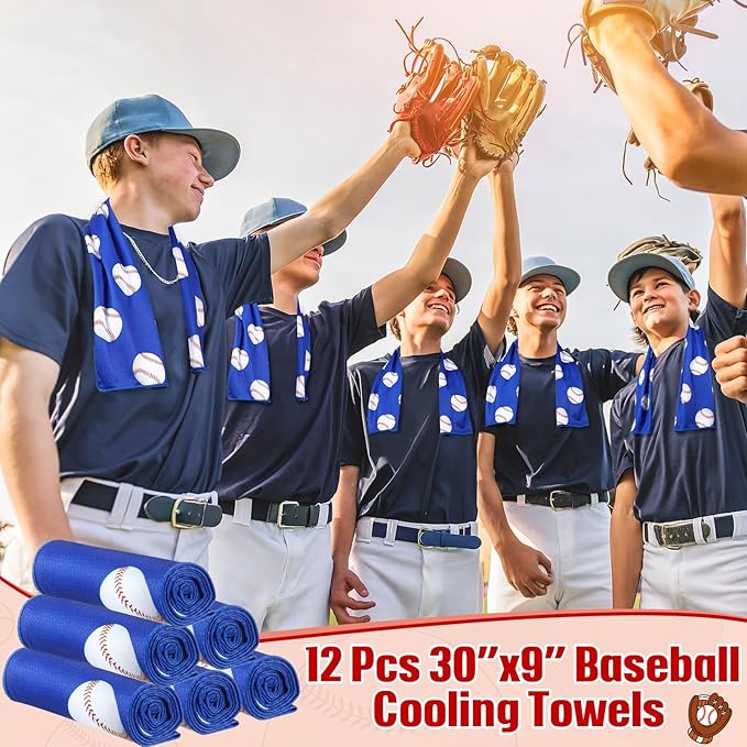 Peryiter 12 Counts Mini Cooling Towel, 30" x 9" Baseball Softball Soccer Golf Sweat Towel, Breathable Chilly Rag, Microfiber Sport Rags for Team Gym Running Coach Gift