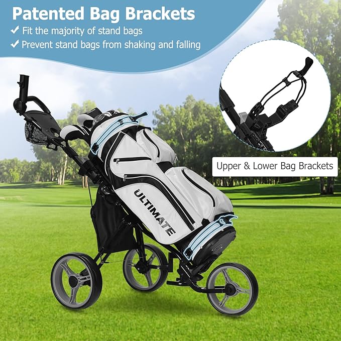 Tangkula Golf Push Pull Cart with Seat, Lightweight Foldable Collapsible 3 Wheels Push Cart, Golf Trolley with Foot Brake, Adjustable Umbrella Holder & Seat, 4 Height Position Handle