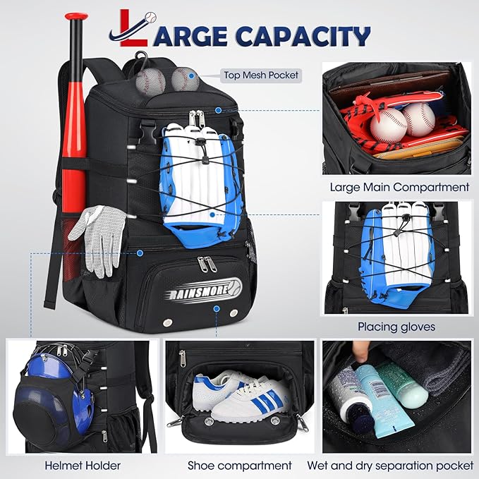 RAINSMORE Baseball Bag for Youth & Adult Lightweight Softball Bat Bag with Shoe Compartment, External Helmet Holder and Fence Hook Waterproof Baseball Backpack Hold T-Ball, Bat and Softball Equipment