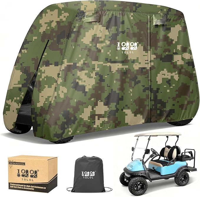 10L0L Golf Cart Cover 2/4/4+2 Passenger for Yamaha EZGO Club Car, Heavy Duty 420D Waterproof Windproof Durable Oxford Golf Cart Cover with 3 Zipper Doors for All-Weather Protection (Black/Silver)