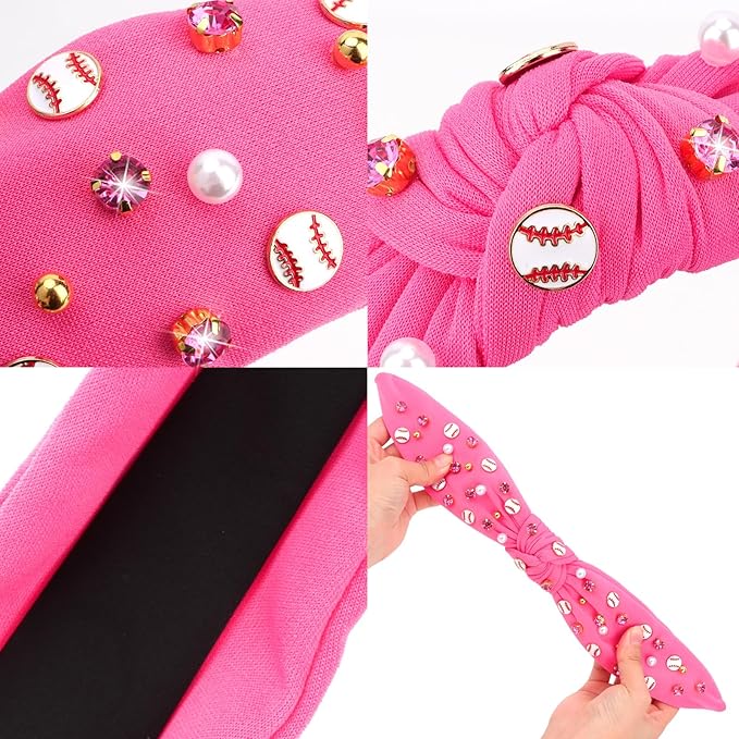 Baseball Headbands for Women Crystal Baseball Embellished Wide Top Knot Headband for Women Game Day Hair Accessories (Hot Pink)
