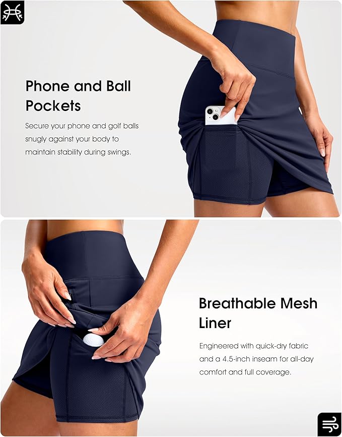 G Gradual 18" Golf Skirts for Women Zipper Pockets Mid Length Skort with Shorts Underneath High Waist Tennis Pickleball