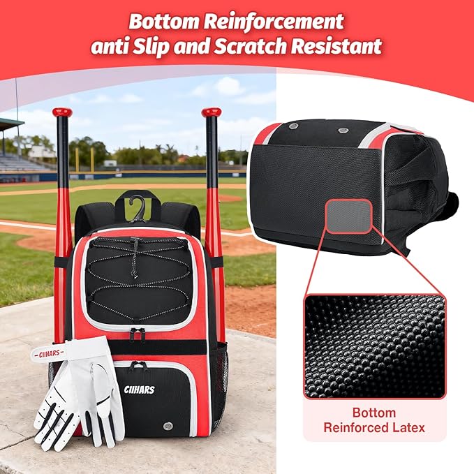 Youth Baseball Bag - Baseball Backpack Bat & Glove Holder, T-Ball & Softball Equipment & Gear,Large Main Compartment for Helmet & accessories, Fence Hook，Insulation Pocket