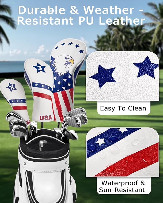 Fitense Golf Head Covers, 3 Pack Golf Club Head Covers USA Stars and Stripes, Velour Lined for Extra Club Protection, Designed to Fit All Woods and Drivers Velour Lined