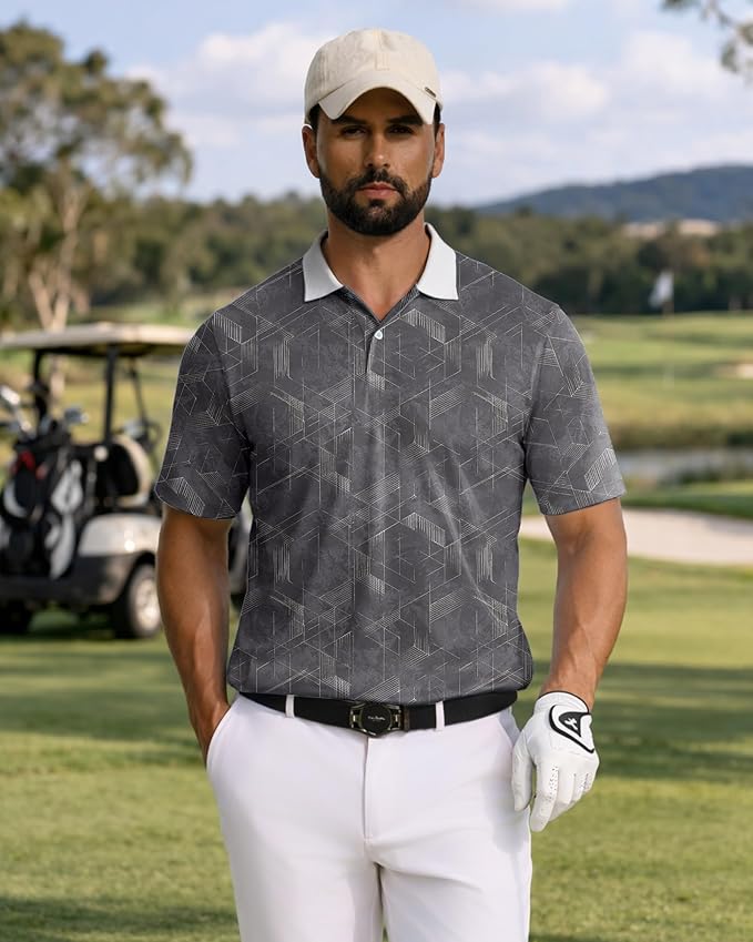 KUYIGO Mens Polo Shirt Quick Dry Moisture Wicking UPF 40+ Performance Printed Short Sleeve Summer Tennis Golf Shirt