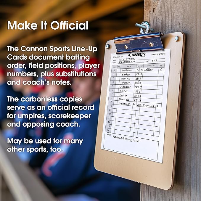 Cannon Sports Baseball Softball Lineup Cards - 36 Games, 16 Player Roster, 4-Part Carbon Copies - Lineup Sheets for Baseball/Softball