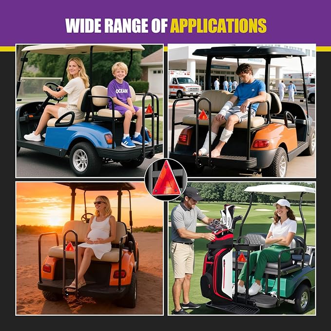 Golf Cart Rear Seat Grab Bar, Universal Back Seat Handrail Grip Bar Compatible with Club Car EZGO YAMAHA(2+2) /(4+2) Golf Cart with Metal Footplates, Heavy Duty Safety Hand Rail for Passenger Security