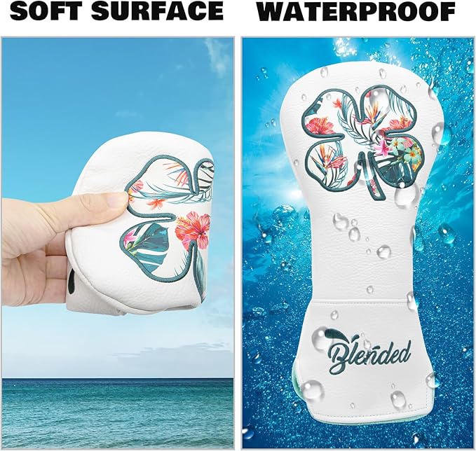 Golf Club Covers White Lucky Clover Golf Head Covers Driver Covers Fariway Wood Headcover Hybrid Covers Leather Golf Headcover with Number Tag for All Brand
