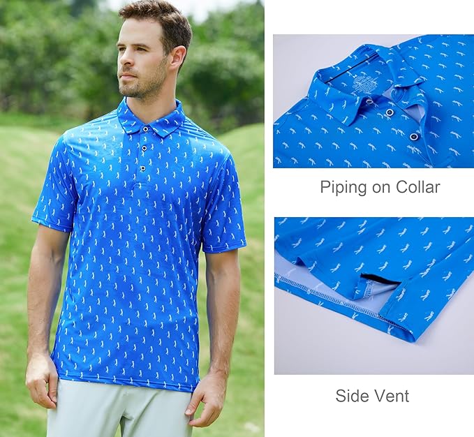 Alex Vando Mens Golf Shirt Moisture Wicking Quick-Dry Print Performance Polo Shirts for Men