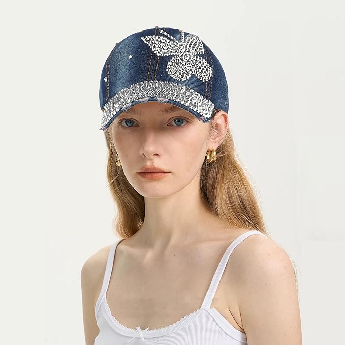 Hoce Fashion Rhinestone Denim Baseball Cap Studded Bling Hat for Women