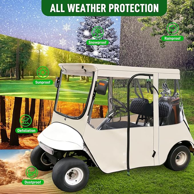 Golf Cart Deluxe Driving Enclosure 2 Passengers Fits EZGO TXT & RXV Golf Cart, Fits Short Roof 40.94" W and 59.05" L, Clear Window with Door Zippers 600D Heavy Duty Drivable Rain Covers
