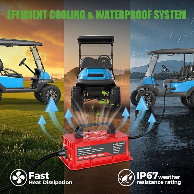 10L0L 48V Golf Cart Battery Charger for Club Car DS Precedent, 15Amp Smart Charger with 3-Pin Plug for Lead Acid Batteries, IP67 Waterproof, Auto Shut-Off