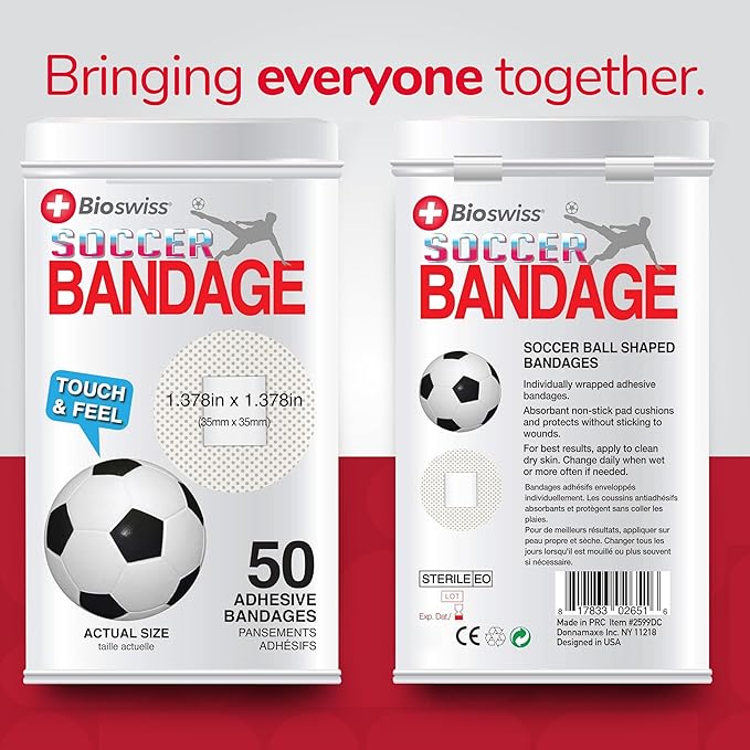 BioSwiss Bandages, Soccer Ball Shaped Self Adhesive Bandage Set, Latex Free, Sterile Wound Care, 50 Count