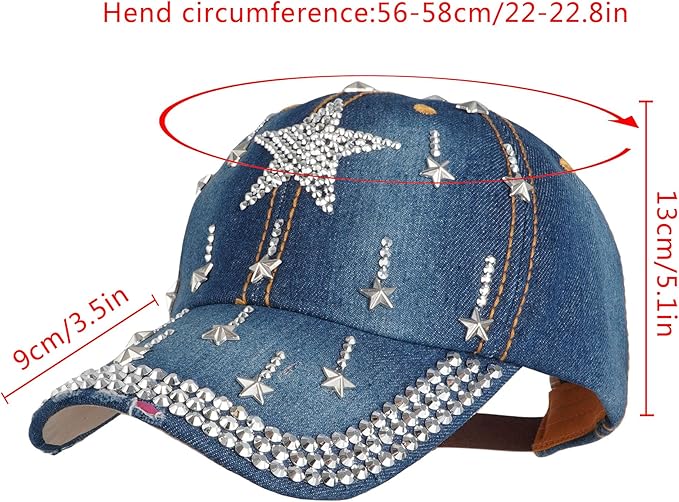 Hoce Fashion Rhinestone Denim Baseball Cap Studded Bling Hat for Women