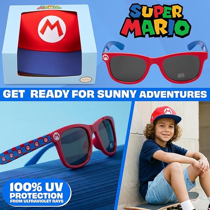 Spongebob | Minecraft | Fortnite | Super Mario | Kids Baseball Cap & Sunglasses with UV Protection, Gifts for Boys