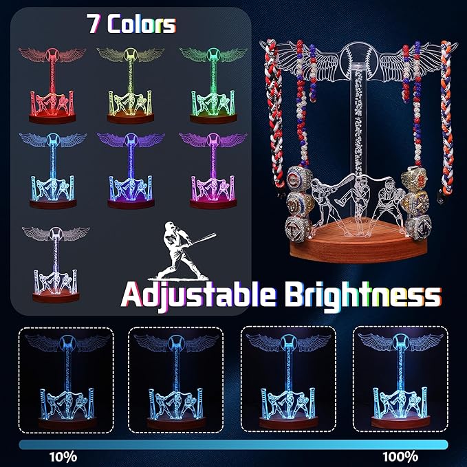 CoolGift Mart Light Up Baseball Ring Holder with Necklace Stand, Acrylic Display with Multiple Color Modes and Brightness Adjustment Function with Remote Control, Gifts for Baseball Enthusiasts