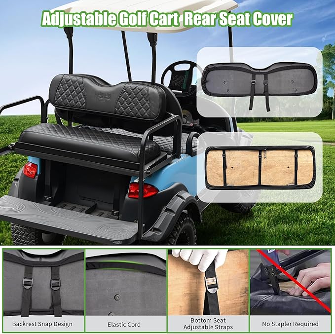 10L0L Golf Cart Seat Covers for Club Car Precedent,EZGO TXT Front/Rear Seats Diamond Pattern,Vinyl Leather with Adjustable Straps and Retractable Buckle, No Stapler Needed
