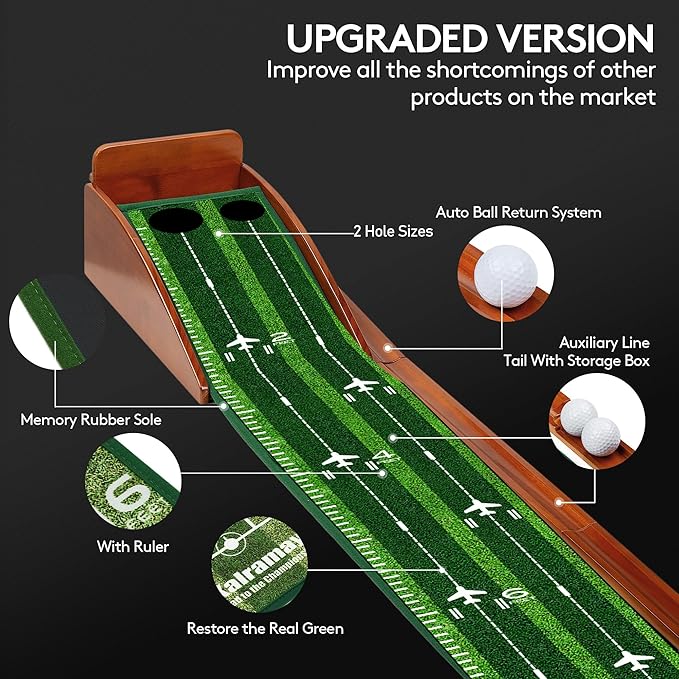 Kalramay Putting Green Indoor Golf Putting Mat – Easy to Assemble with Automatic Ball Return, Wrinkle-Free Close to Real Green Speed, Suitable for Office, Recreation Room, Patio – Ideal Gift