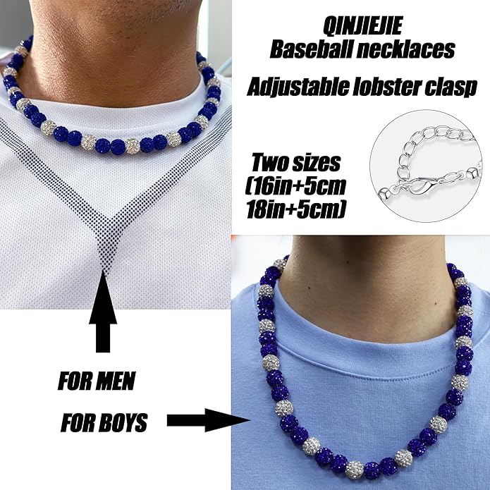 QINJIEJIE Baseball Necklace for Men Glitter Bling Rhinestone Beaded Collection Necklace for Women 16/18in Inspired Sports Jewelry Baseball Chain Cool Gifts for Baseball Players Team Lovers