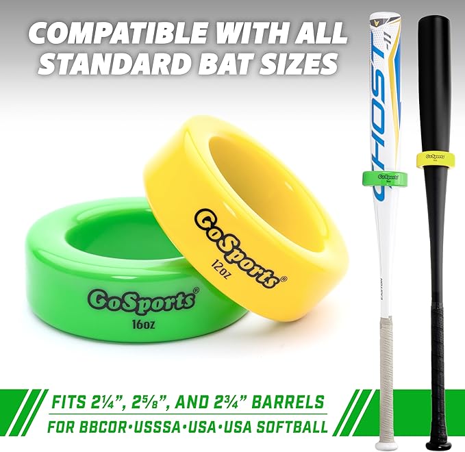 GoSports Baseball and Softball Bat Weights - 2 Pack Baseball Donuts - 16 oz & 12 oz