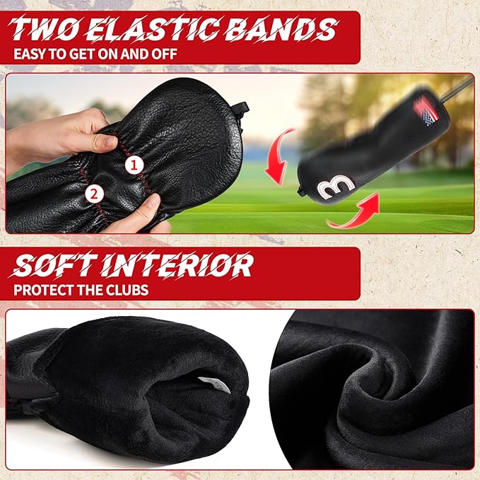 Golf Head Covers, US Flag Patriotism Golf Club Cover for Woods and Driver, Fairway, Hybrid - Premium Leather Golf Club Head Covers with Interchangeable Tags