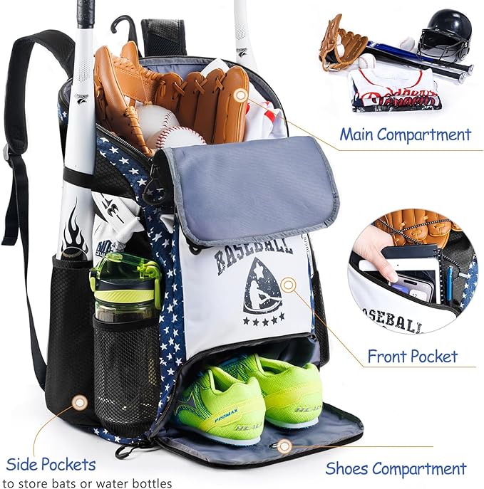 Baseball Bag for Youth & Adult with 4 Bat Sleeves - Softball Bat Bag with Shoe Compartment - Baseball Backpack for T-Ball, Softball Equipment, Baseball Gear, Baseball Bags for Boys 8-12