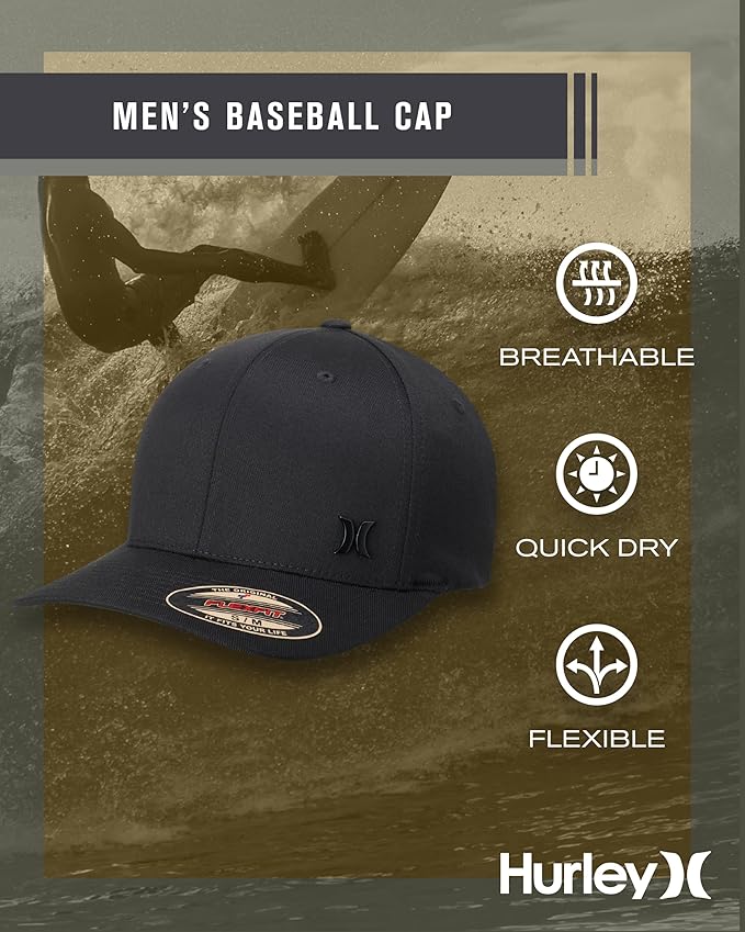 Hurley Mens Baseball Cap - Curved Brim Flexfit Ball Cap, Moisture Wicking Breathable Fitted Hat for Men