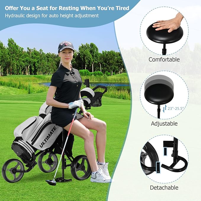 Tangkula Golf Push Pull Cart with Seat, Lightweight Foldable Collapsible 3 Wheels Push Cart, Golf Trolley with Foot Brake, Adjustable Umbrella Holder & Seat, 4 Height Position Handle