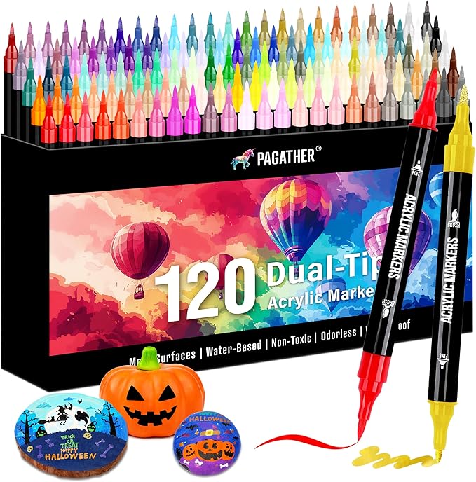 120 Colors Acrylic Paint Markers, Dual Tip Fine Tip and Brush Tip Pens Contain by Pagather