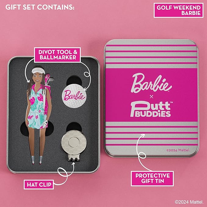 Barbie Golf Weekend Golf Divot Tool Set with Magnetic Ball Marker with Hat Clip, Pink Golf Accessories and Collectible Gift Tin, Chic Golf Tools for Women Golfers