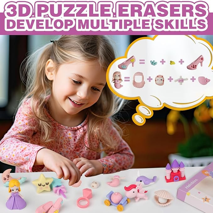 Erasers Set for Kids, Princess Castle Pencil Eraser Bulk for Kids, Take Apart - Image 5