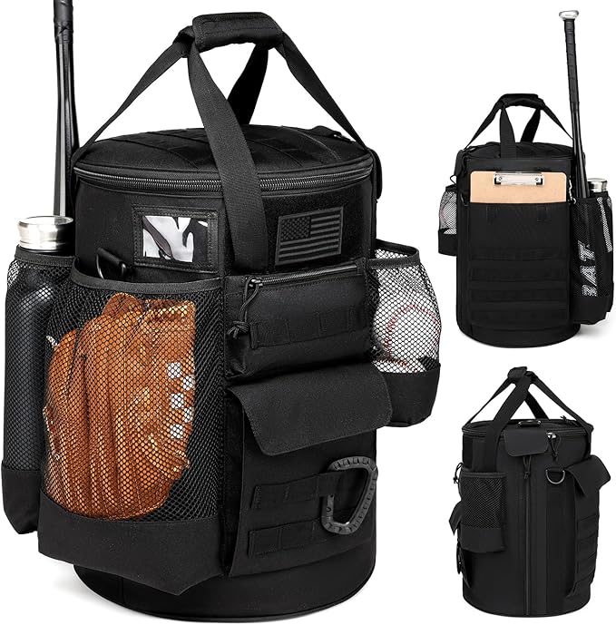 Baseball Bucket Bag Baseball Coaching Accessories Organizer Tactical Style Softball Bucket Bag with Anti-Slip Bottom, Multiple Pockets for Bat, Gloves, Scoreboards