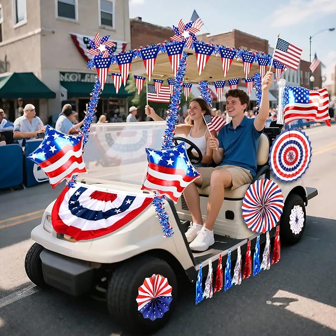 Tryly 46 PCS 4th of July Golf Cart Decorations, Patriotic Independence Day Decor with Luminous Pentagram Rope, Balloons, Flags, Windmill and Tassel, Used for Outdoor Party, Parade, Yard Decorations