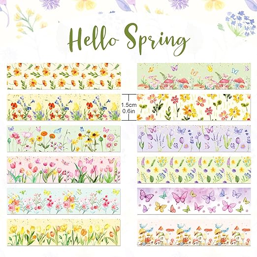 12 Rolls Spring Floral Washi Tape Set, Butterfly Tulip Flower Masking Tapes - Image 2