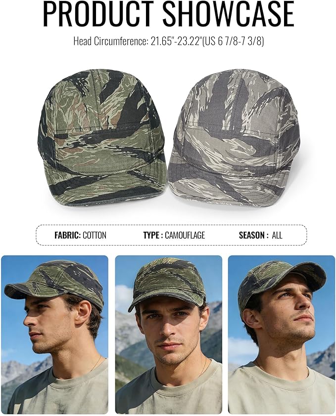 CLAPE Camo Short Brim Baseball Cap for Men, Low Profile 5 Panel Camper Hat Breathable Cotton Summer Outdoor Cool Running Hat