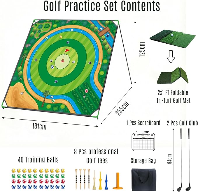 70x70 Inch Golf Chipping Net Battle Golf Extra Large Backyard Practice Net with 40 Training Balls, 3-Turf Hitting Mat, 2 Practice Clubs – Indoor Outdoor Use, Gift for Golf Lovers