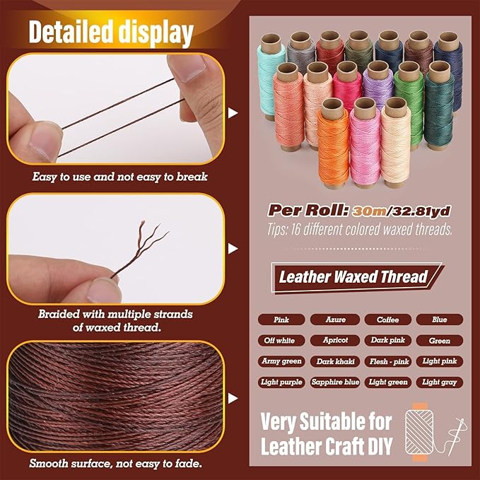 0.8 mm Leather Sewing Thread, 16 Colors 32 Yards Waxed Thread, Round Waxed - Image 3