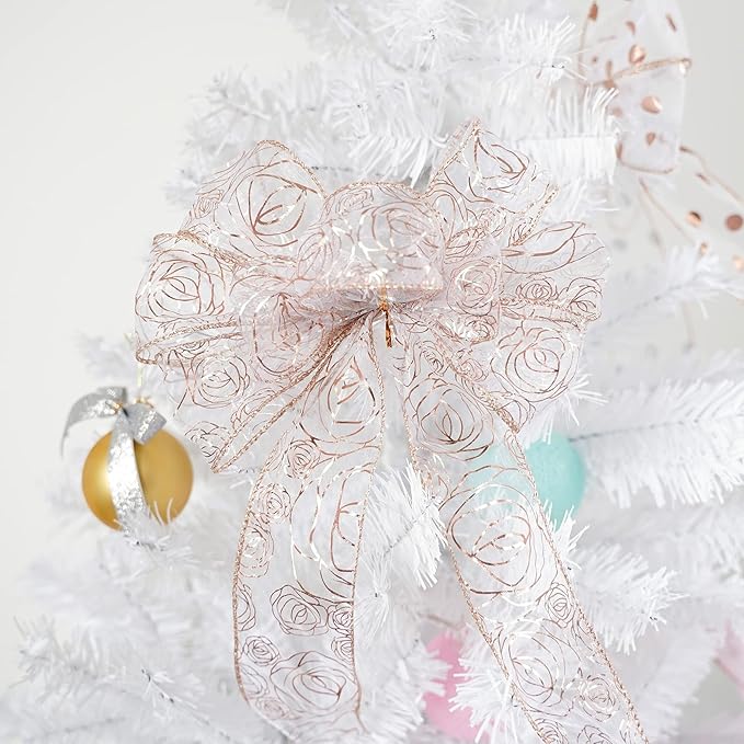MEEDEE Floral Rose Wired 2.5 Inch Rose Gold Organza Sheer Ribbon, Wedding - Image 6