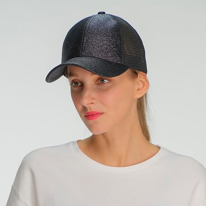C.C Ponycap Messy High Bun Ponytail Adjustable Glitter Mesh Trucker Baseball Cap