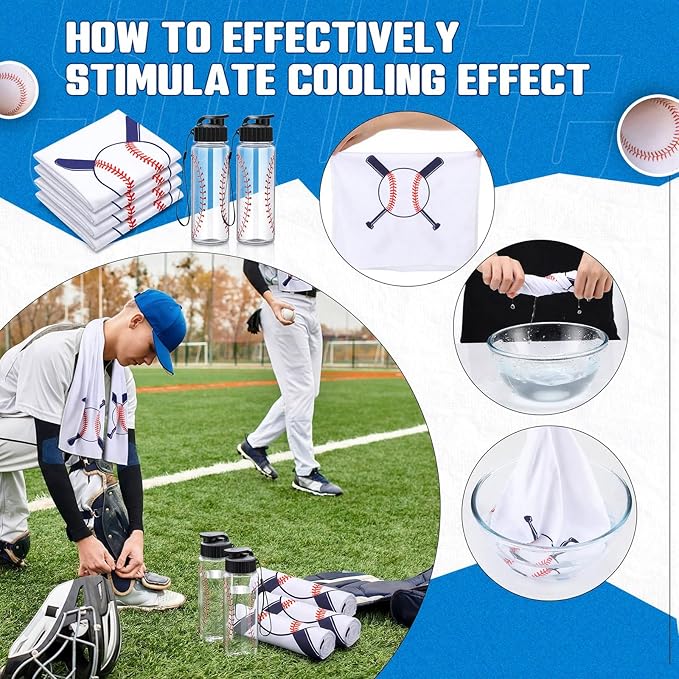 Reallnaive 36 Pcs Sports Water Bottle Cooling Towel Set Include 12 Reusable Sports Squeeze Water Bottle 12 Ice Towel Breathable 40"x12" Cooling Towels for Soccer Team Gift (Baseball)