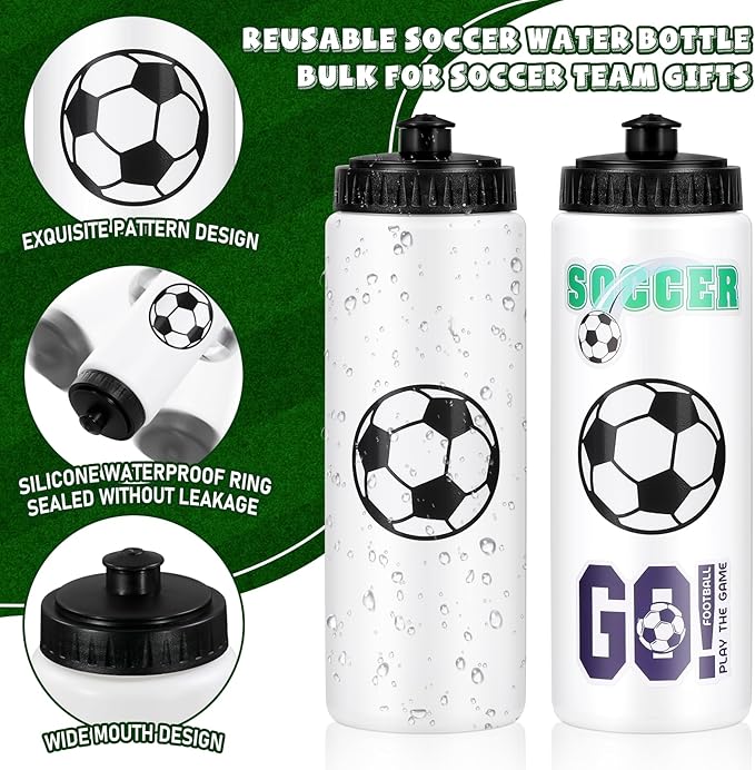 DI QIU REN 12 PCS Soccer Water Bottle Bulk with 300 PCS Stickers, 20 OZ Plastic Reusable Soccer Water Bottles for Boys, Squeeze Water Bottles Sports for Team, Sports Bottles Squeeze for Gym