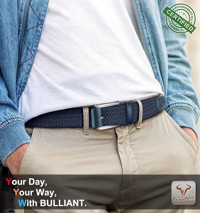 BULLIANT Belt for Men 2Pack,Mens Gift Stretch Braided Web Belt Elastic for Casual Golf Jeans,1 3/8"