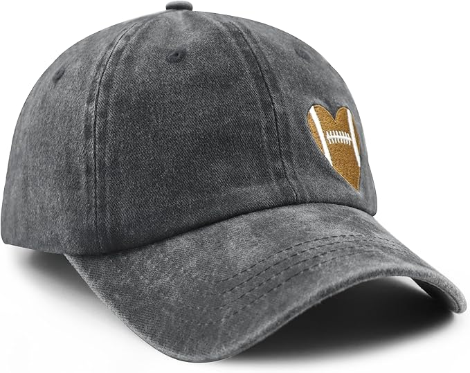 Football Heart Hat for Men Women, Adjustable Cotton Embroidered Heart Football Baseball Cap