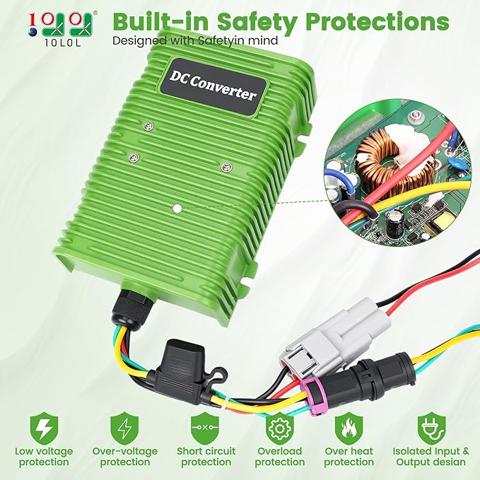 Universal Golf Cart Voltage Reducer DC Converter 36V or 48V to 12V 30 A 360W for EZGO Club Car Yamaha Golf Carts, with Power Cables