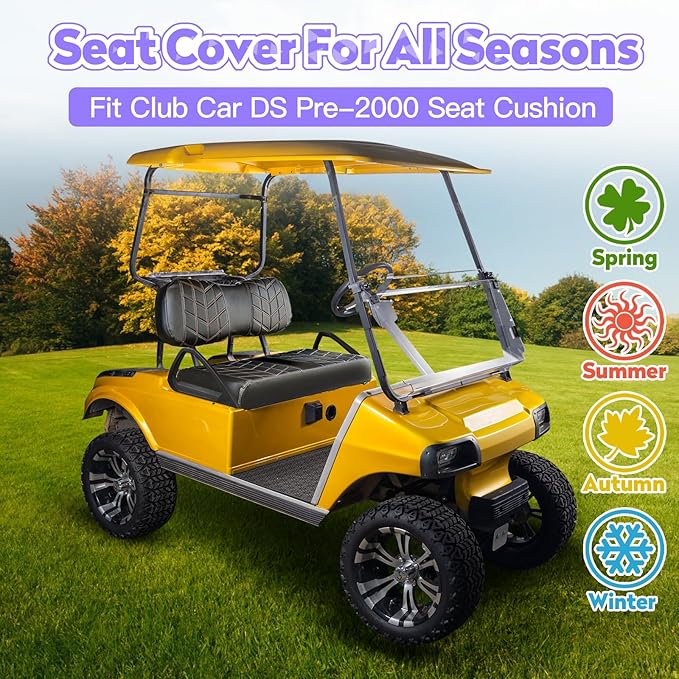 4PCS Golf Cart Seat Covers Kit, Front and Rear Seat Covers,Vinyl Seat Covers Accessories, No Staples（Black&Brown Stitch） (Fits Club Car DS 2000.5-Up)