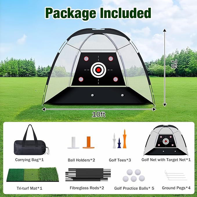 MoKo Golf Net with Practice Mat, 10 x 7 ft Golf Hitting Net for Outdoor Indoor Backyard Driving Chipping Swing Training, All-in-One Multi-Target Practice Nets, Gifts for Men Dad Him and Golfer